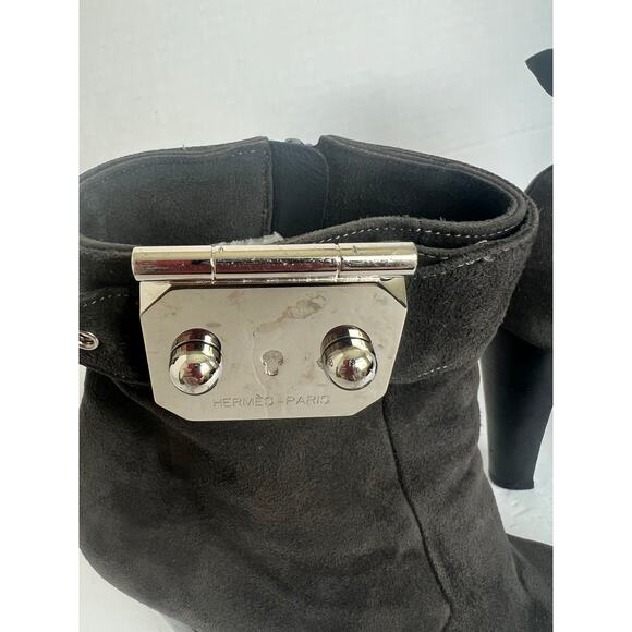 Authentic HERMES Suede Gray Black Silver Metal Embellishment Ankle Zip Boot 7.5 - Picture 8 of 12
